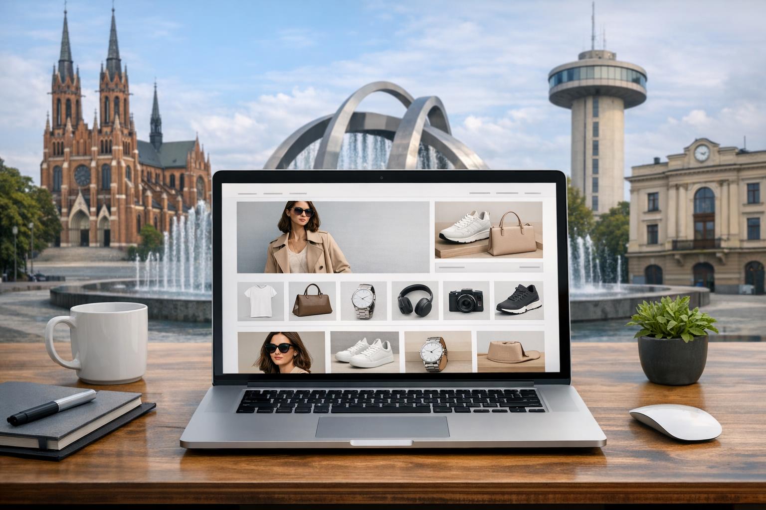 Zdjęcie przedstawiające nowoczesny sklep internetowy na laptopie z elementami radomskiej architektury