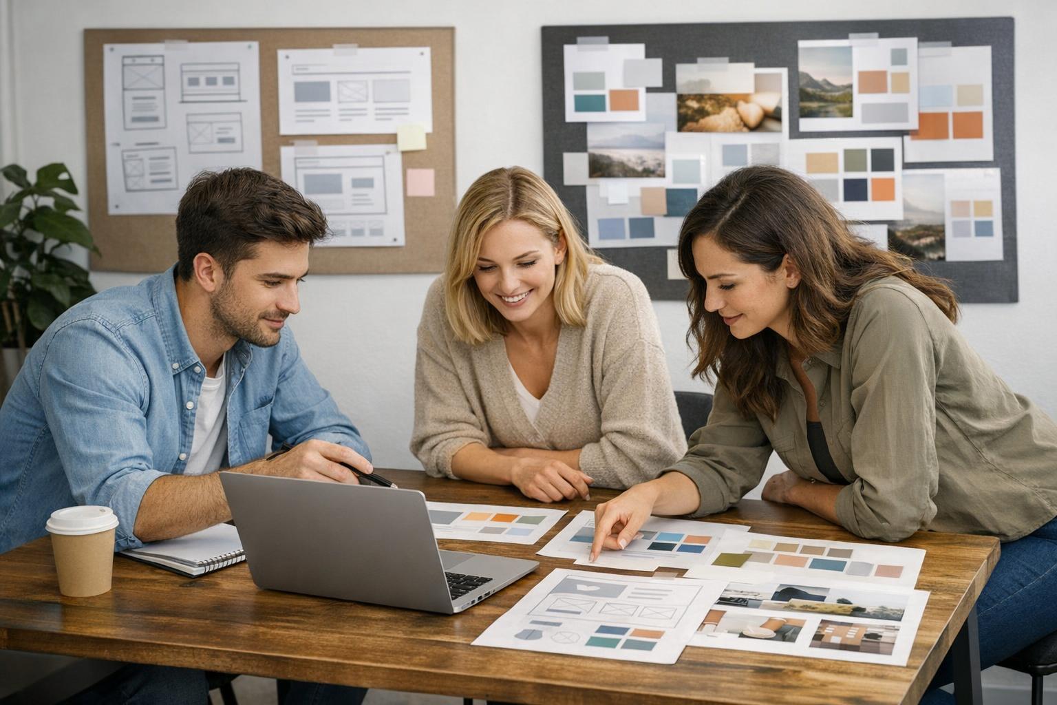 Zdjęcie prezentujące zespół pracujący nad projektem strony internetowej, plansze z moodboardami i laptop