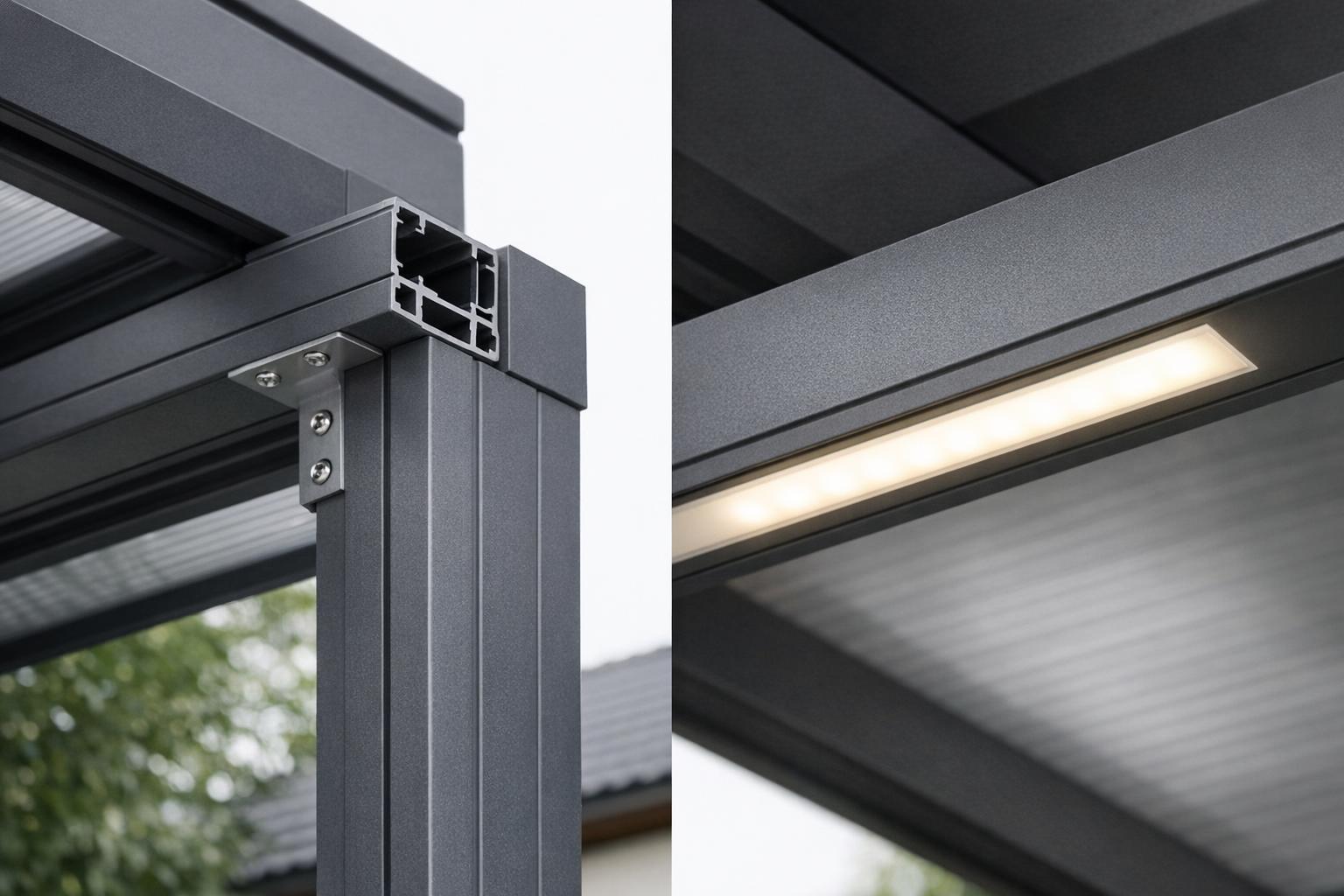 Zdjęcie: detale profili aluminiowych i zbliżenie na zintegrowane oświetlenie LED w wiacie Carport